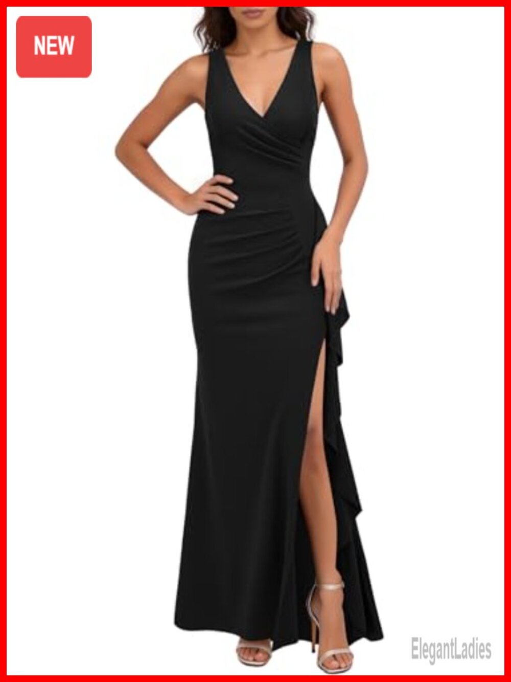 Deep V Neck Ruffle Split Maxi Dress Formal Evening Party Slim Fit